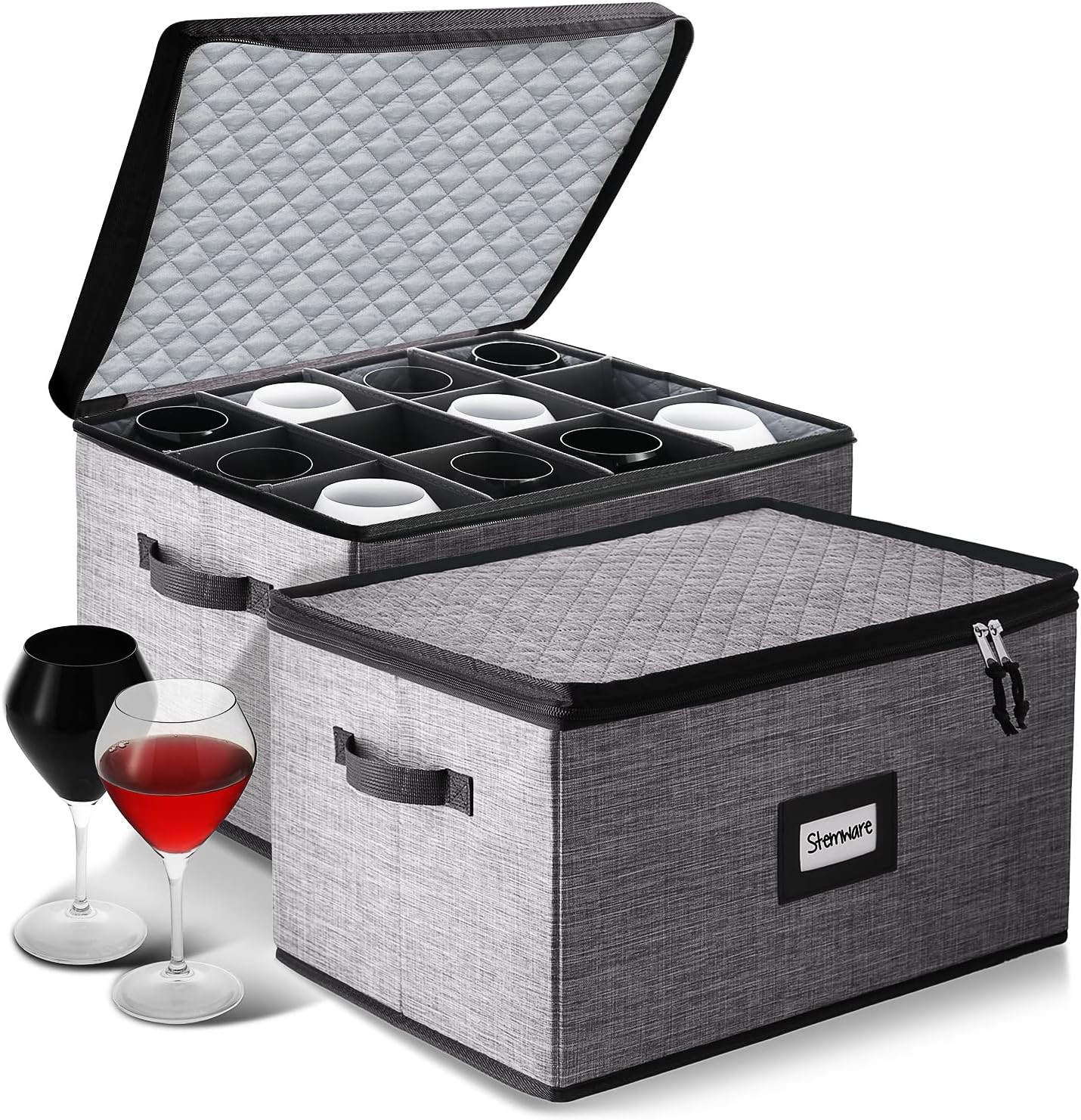 Wine Glass Storage Box with Dividers, 2 Pack Stackable Stemware Storage Cases, Service of 12 Glassware Storage Containers, Quilted China Storage Containers Hard Shell for Moving and Seasonal Storage