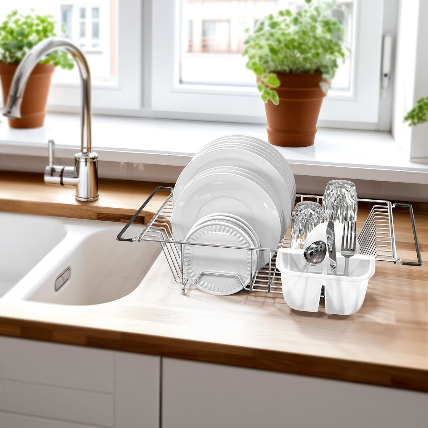 SIMPLE HOUSEWARE Large Over Sink Counter Top Stainless Steel Dish Drainer Drying Rack with Utensil Holder, Chrome