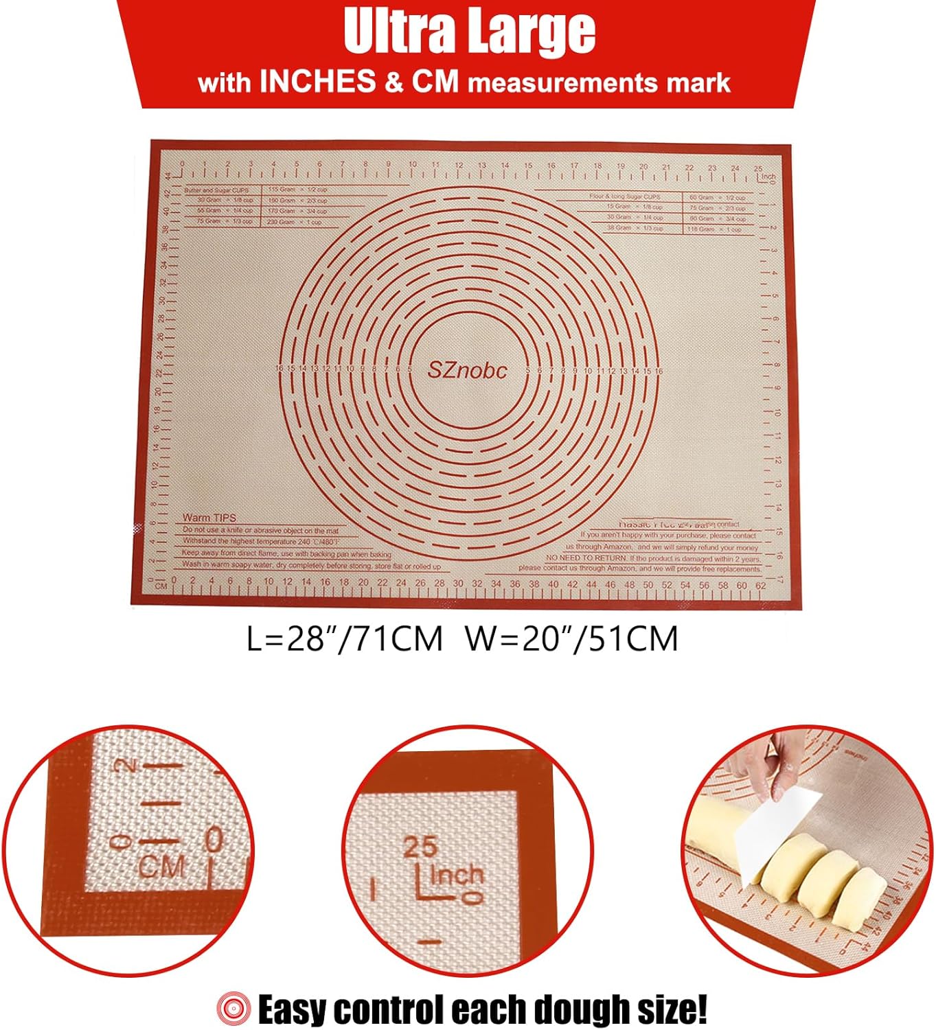 Silicone Pastry Mat 28''By 20'' Nonstick Baking Mats Non-slip Counter Mat for Dough Rolling, Pastry, Pie Crust, Fondant, Cookies, Bread, Pasta, Pizza Mat