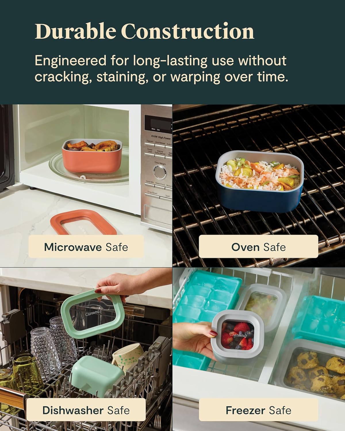 Caraway 6pc Glass Food Storage Set – 4.4 Cup Food Containers (6) - Ceramic Coated - Non Toxic, Non Stick with Lids - Microwave Safe - Sage