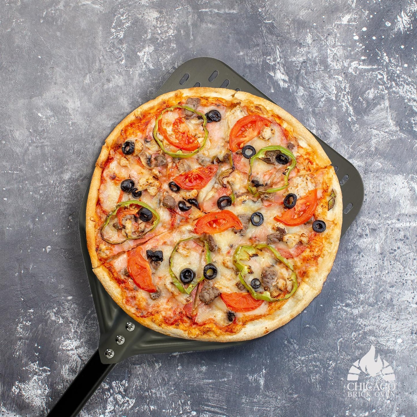 Chicago Brick Oven Perforated Pizza Peel - 12"x15" Anodized Aluminum Pizza Steel, 32" Handle, 47" Overall Length - Ideal Pizza Turning Peel for Pizza Oven, Brick Oven, Baking Bread