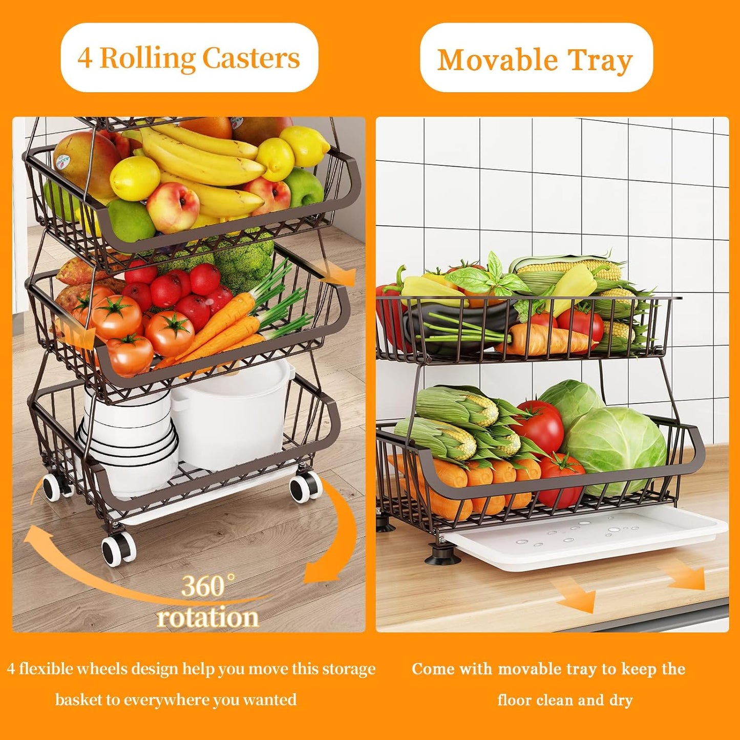 Fruit Vegetable Storage Basket for Kitchen - 6 Tier Stackable Metal Wire Baskets Cart with Rolling Wheels Utility Fruits Rack Produce Snack Organizer Bins for Pantry Bathroom Laundry Bronze