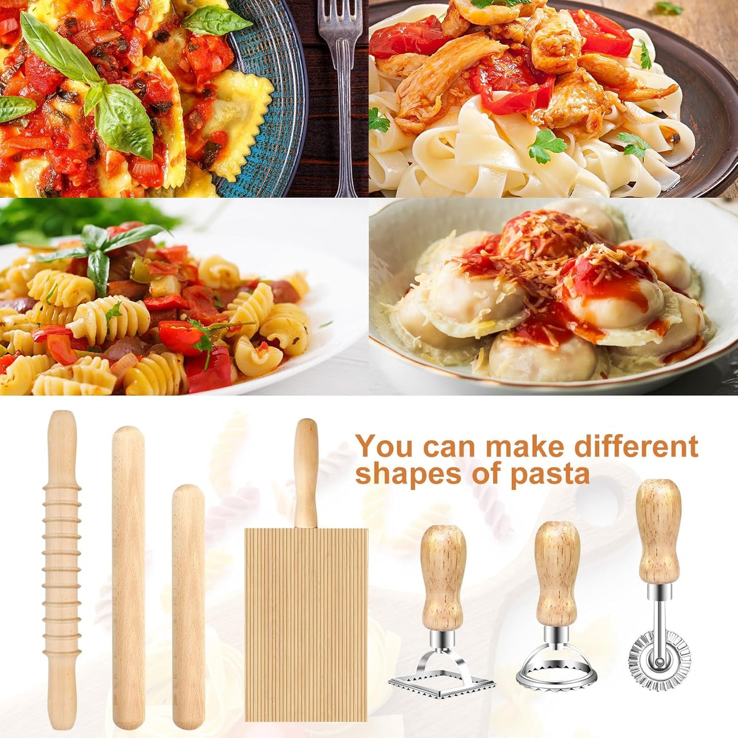 Pasta Making Tools Set, Pasta Making kit Includes 12 Pcs Pasta Making Tools Pasta Making Accessories Wooden Pasta Roller