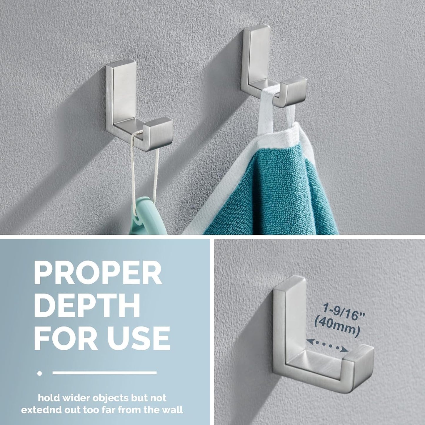 Angle Simple Bathroom Towel Hooks, SUS 304 Stainless Steel Compact Robe Coat Hooks for Wall, Brushed Nickel, 2 Pack