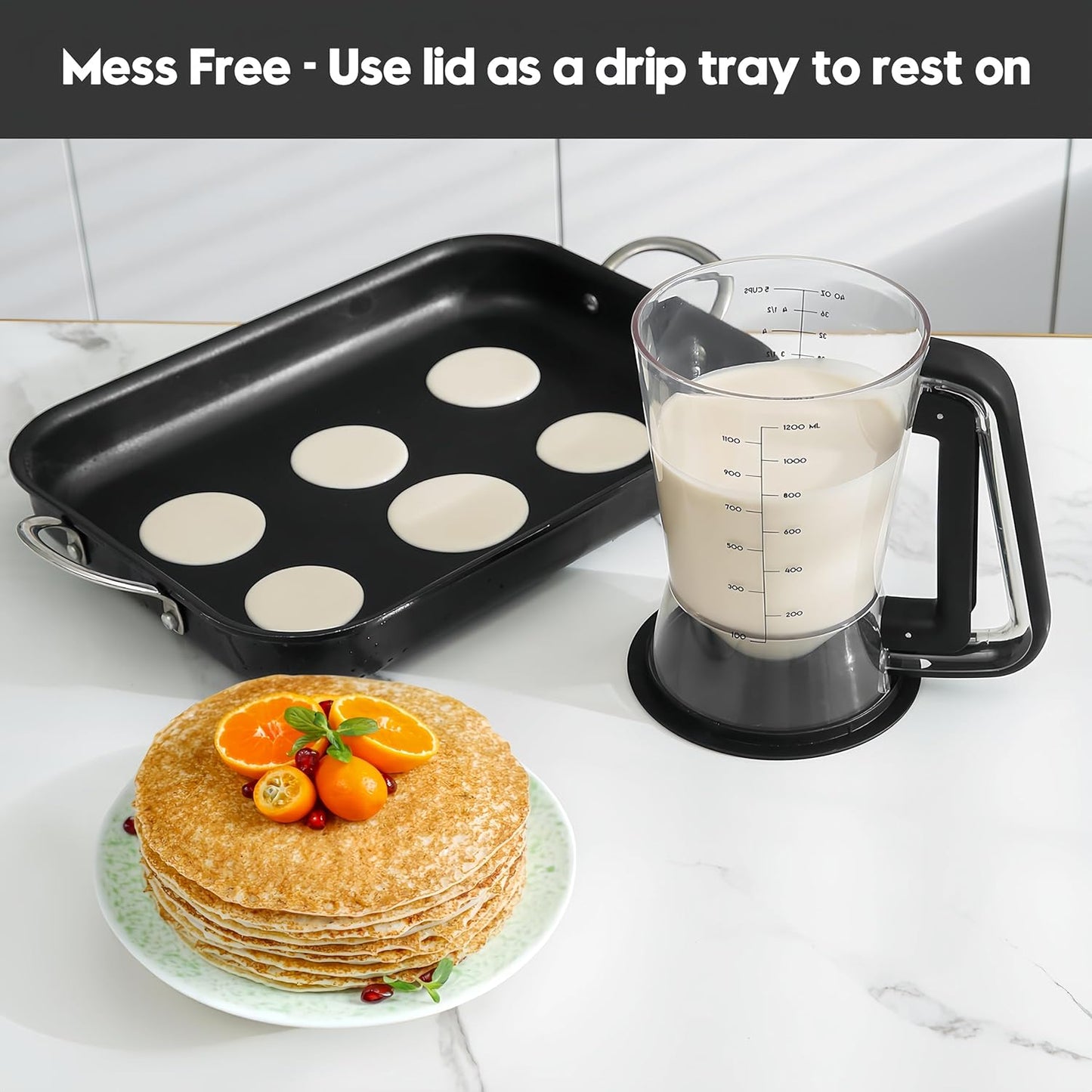 Pancake Batter Dispenser 5 Cup with Sturdy Handle,Batter Separator for Pancakes, Cupcake, Waffle, Muffin Mix, Cake & Crepe Batter pitcher with Squeeze Handle Baking Tools-Black