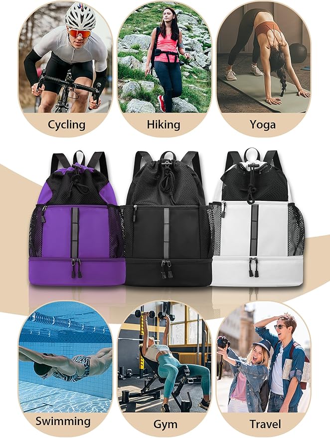 U.helper Waterproof Gym Drawstring Backpack, Sports Sack with Shoes Compartment & Wet Pockets for Ball/Beach/Swim Training (White)