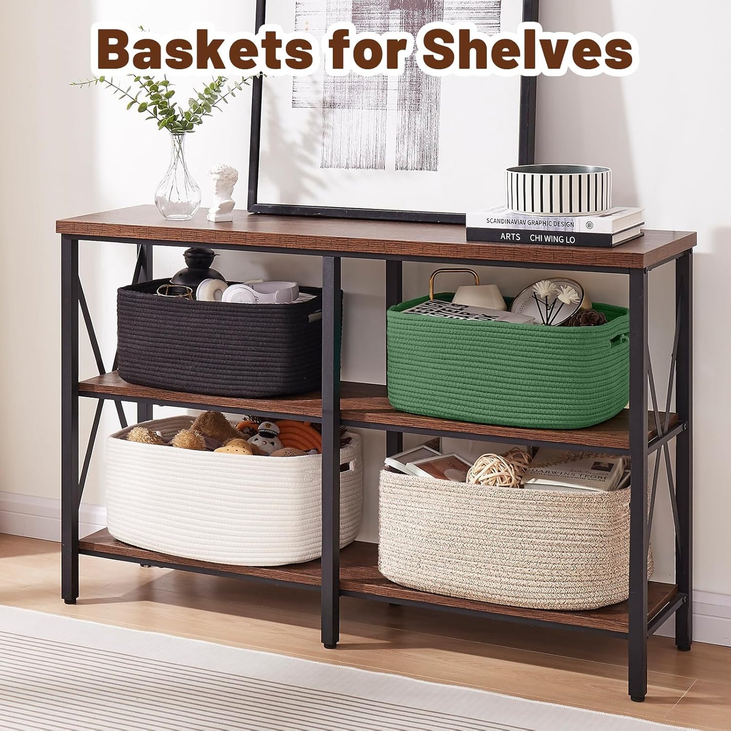 OIAHOMY Storage Basket for Shelves, Closet Cube Storage Bins Baskets for Clothes Blanket Towels, Baby Nursery, Toy Box, Woven Rope Basket, 15.75*11.81*7.09 IN, 2 Packs Brown