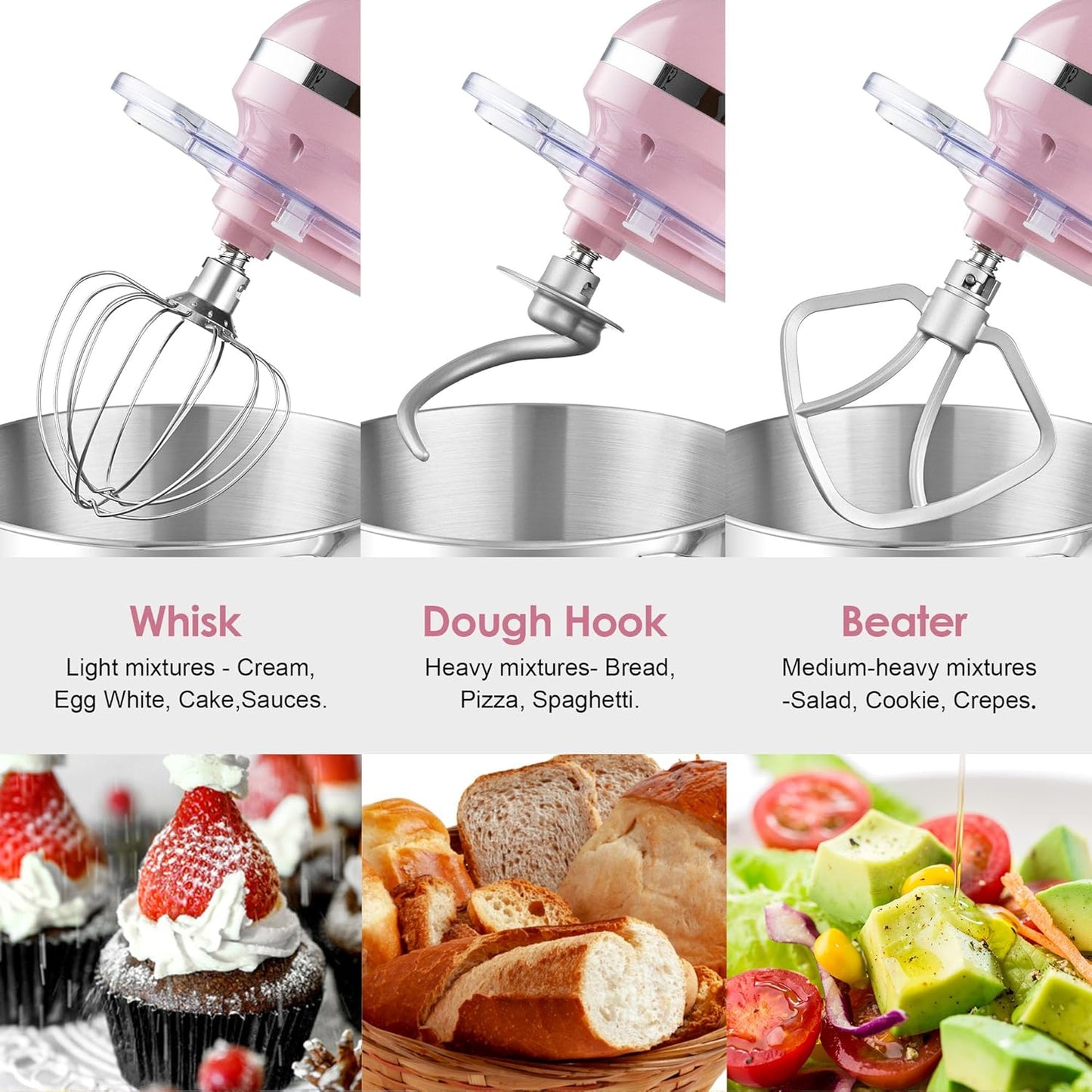 Aucma Stand Mixer,6.5-QT 660W 6-Speed Tilt-Head Food Mixer, Kitchen Electric Mixer with Dough Hook, Wire Whip & Beater (6.5QT, Pink)