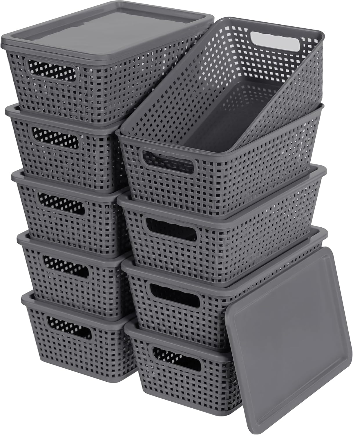 Plastic Storage Baskets With Lid, Storage Bins for Organizing, Stackable Decorative Containers for Shelves Drawers Desktop Closet Playroom Classroom Office,10 Pack-Grey