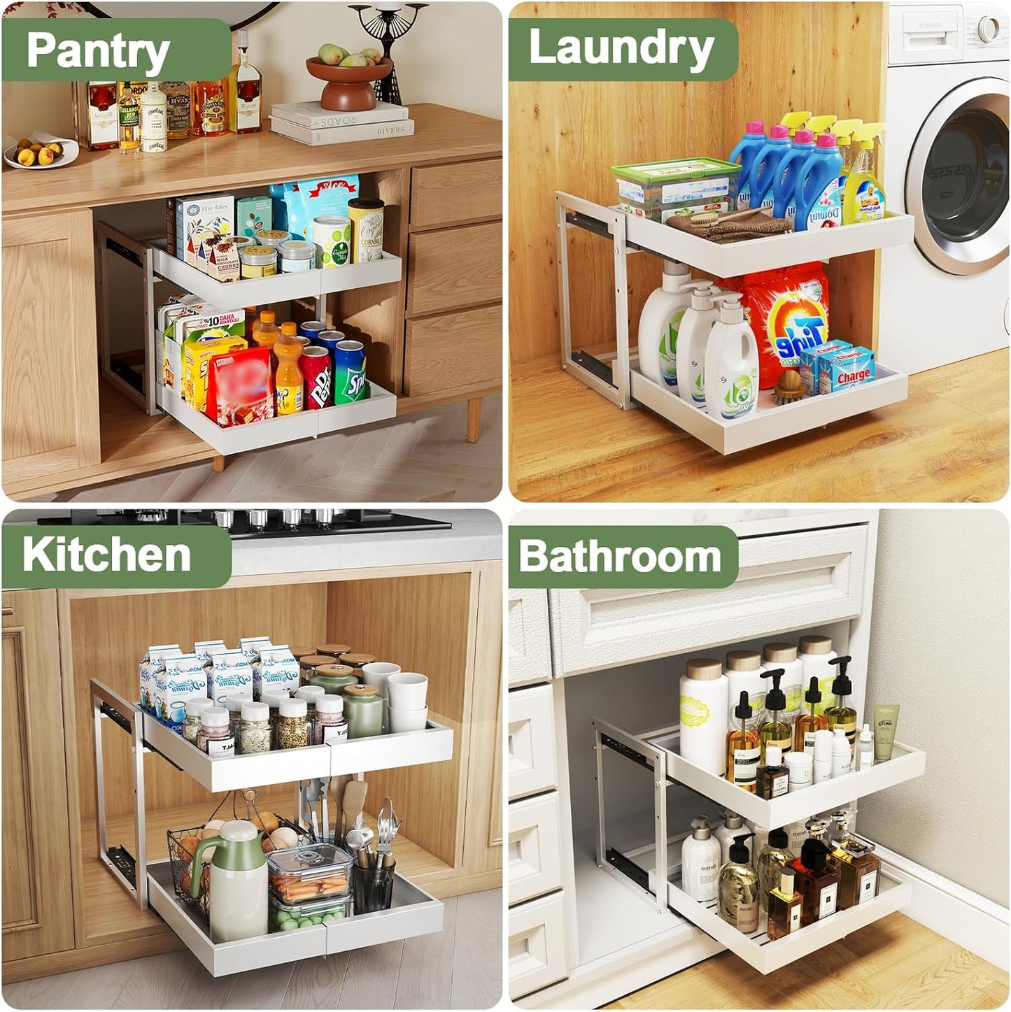 2 Tier Pull Out Cabinet Organizer ,Adjustable Width & Height,Expandable Pull-Out Drawers For Cabinets, Slide Out Shelves for Kitchen Cabinets / Countertop / Pantry,Heavy-Duty & Easy to Install(White)