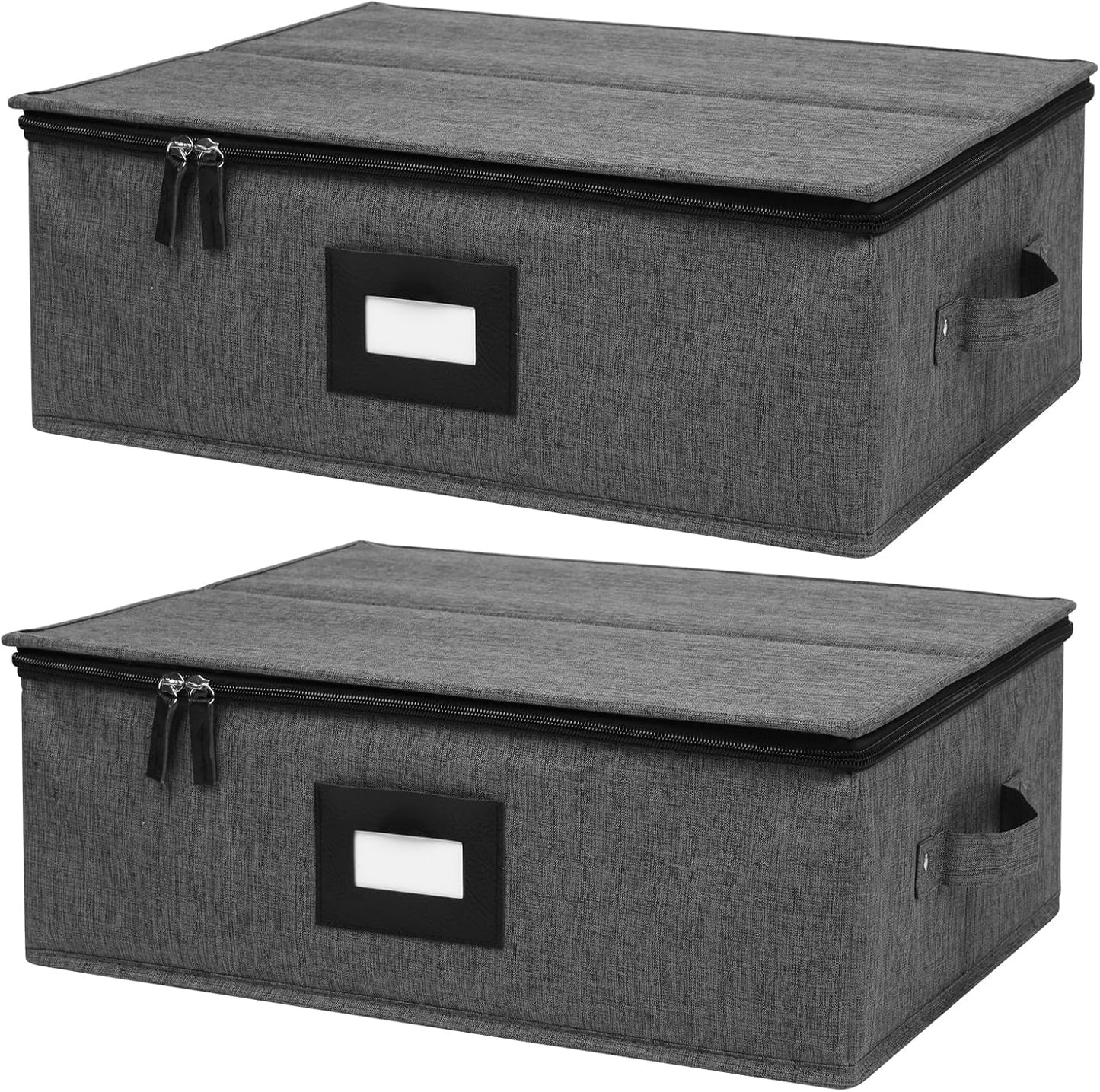 Cup and Mug Storage Box 2Pack, China Storage Containers for 12 Tea Cups or Coffee Mugs with Zipper Lid and Rivet Reinforced Handles, Hard Shell and Stackable (Black)