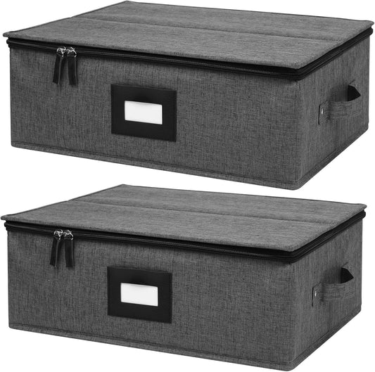 Cup and Mug Storage Box 2Pack, China Storage Containers for 12 Tea Cups or Coffee Mugs with Zipper Lid and Rivet Reinforced Handles, Hard Shell and Stackable (Black)