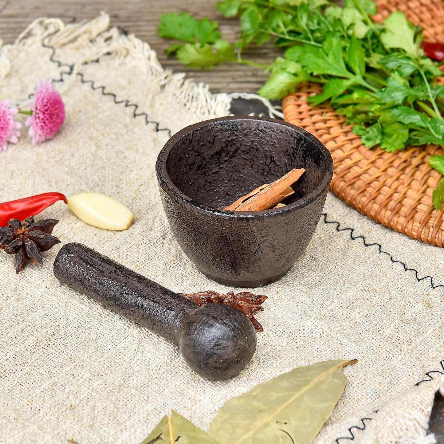 Sungmor Cast Iron Mortar and Pestle, Small Heavy Duty Black Spice Grinder Set, 3" Diameter Mortar and 3.9" Long Pestle, Rustic Useful Kitchen Tools for Grinding Spices, Herbs, Nuts and Pesto