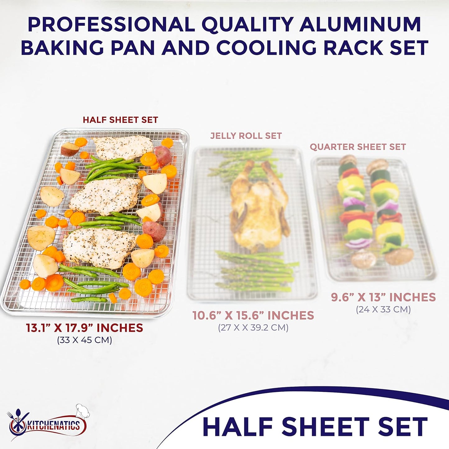 KITCHENATICS Aluminum Baking Pan Half Sheet with Grid: Baking Sheet with Wire Rack, 13 x 18 Baking Trays with Stainless Steel Wire Cooling Rack for Baking, Easy Clean, Commercial Quality, Heavy Duty