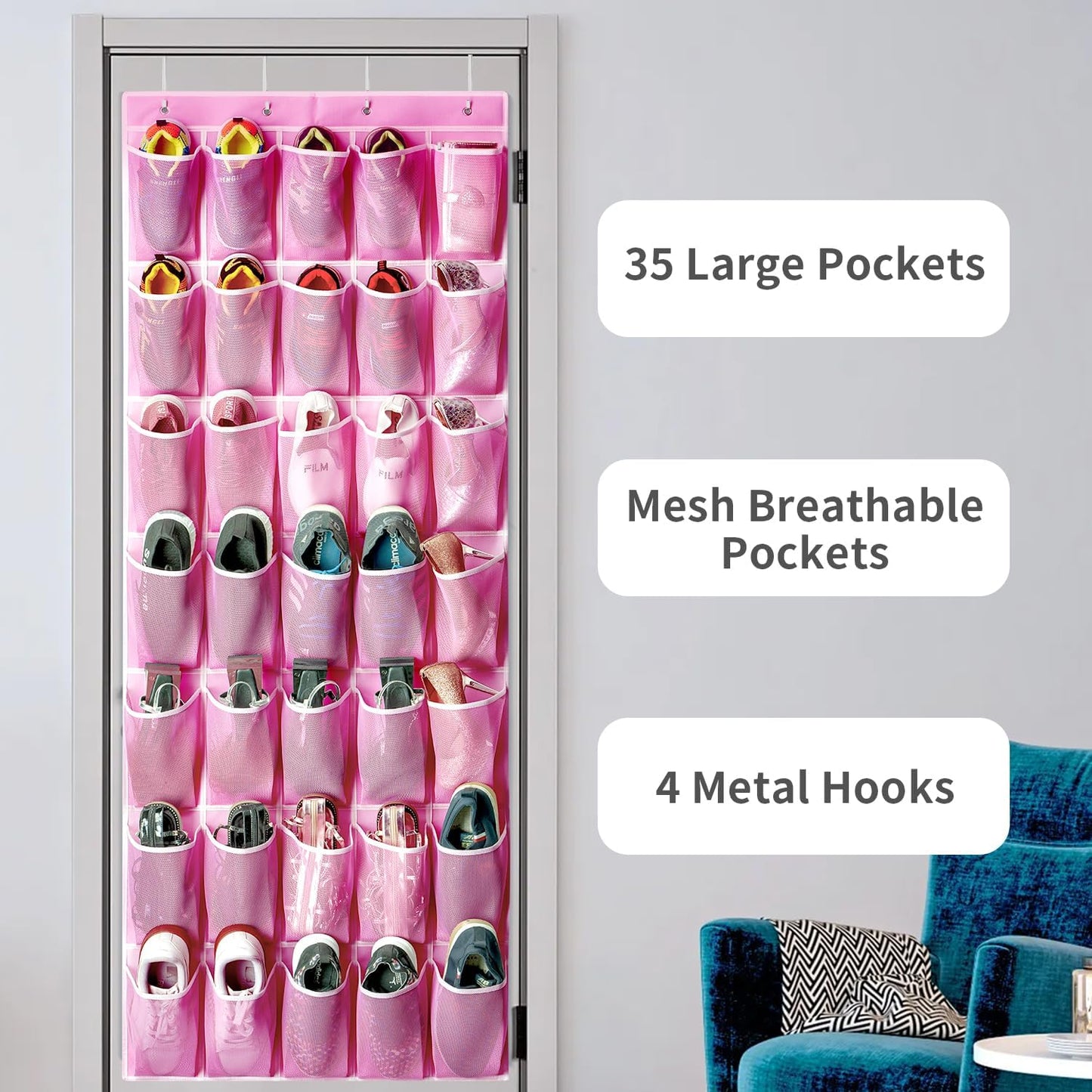 35 Pockets Over the Door Shoe Organizer, Hanging Shoe Organizer for Door with 35 Mesh Pockets Large Capacity Shoe Hanging Storage Bag with 4 Metal Hooks (Pink-1Pack)
