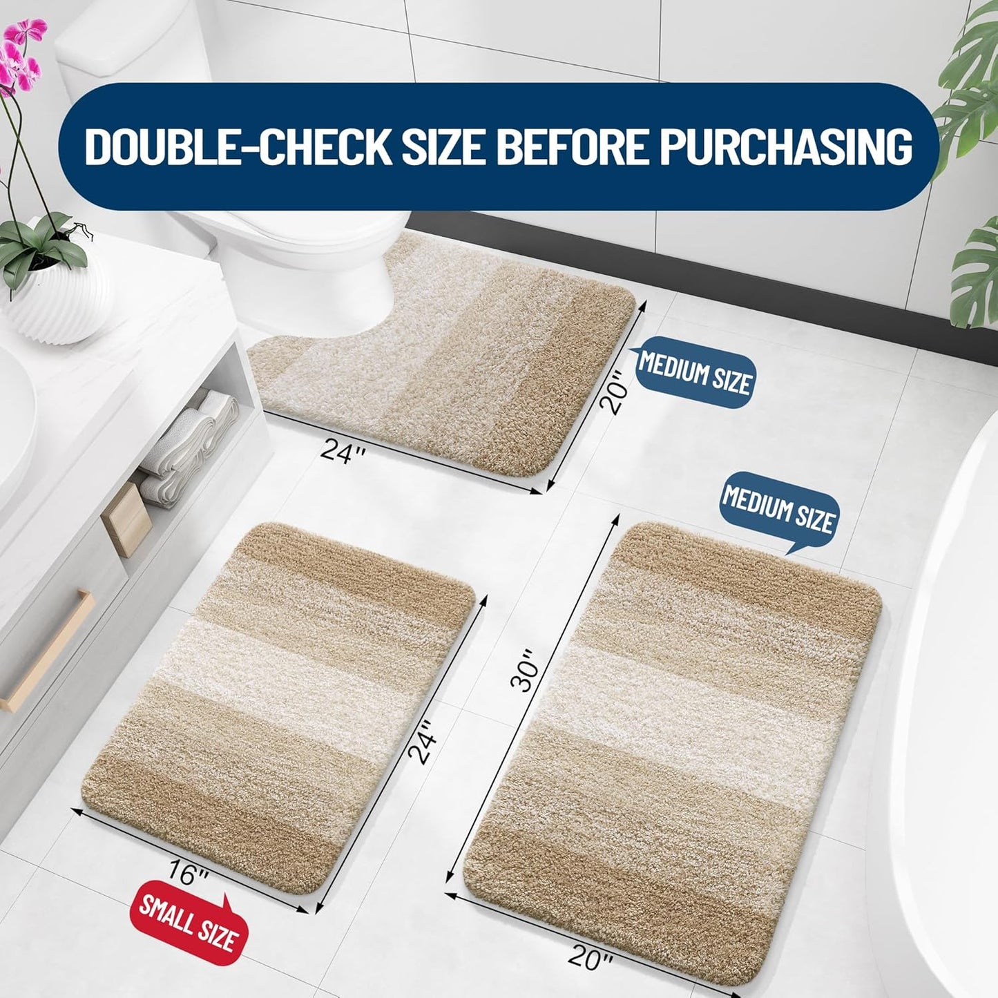 OLANLY Luxury Toilet Rugs U-Shaped 24x20, Extra Soft and Absorbent Microfiber Bathroom Rugs, Non-Slip Plush Shaggy Bath Mat, Machine Wash Dry, Contour Bathroom Mats for Toilet Base, Tan