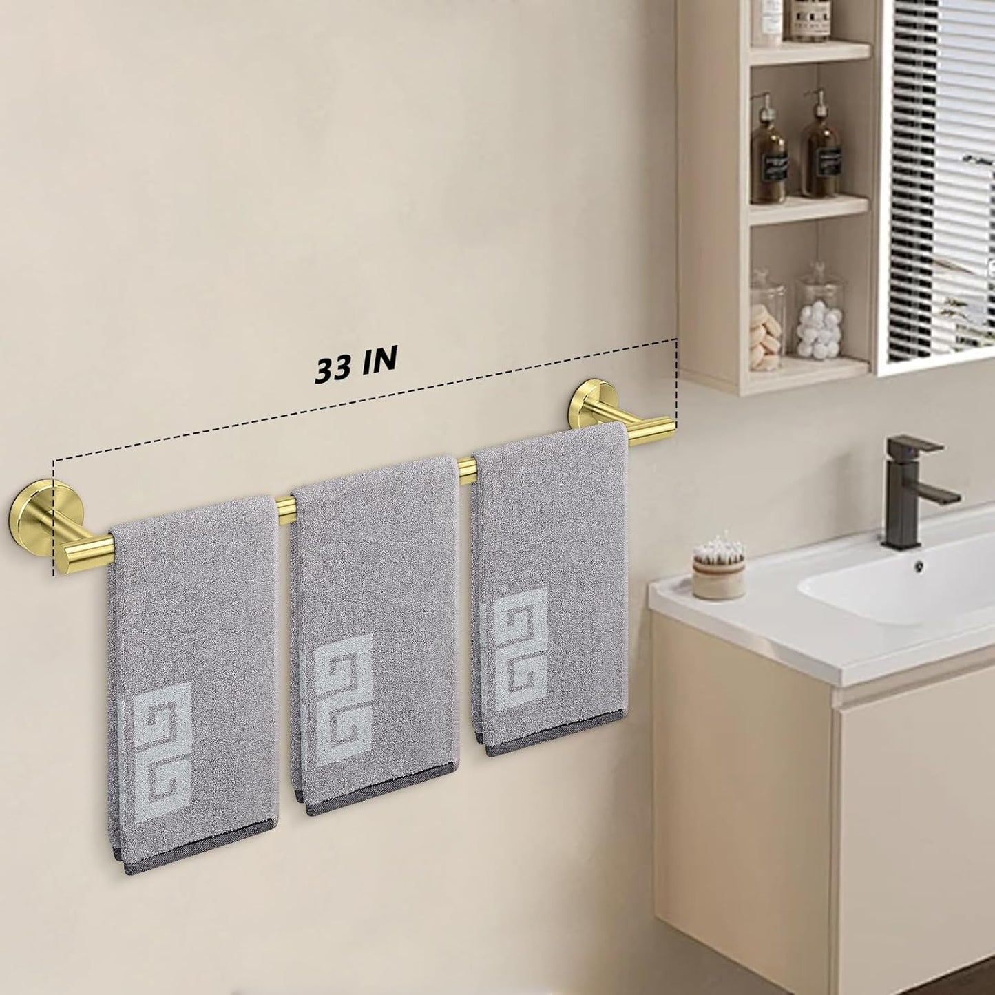 NearMoon Bath Towel Bar, Bath Accessories Thicken Stainless Steel Shower Towel Rack for Bathroom, Towel Holder Wall Mounted (1 Pack, Brushed Gold, 33 Inch)