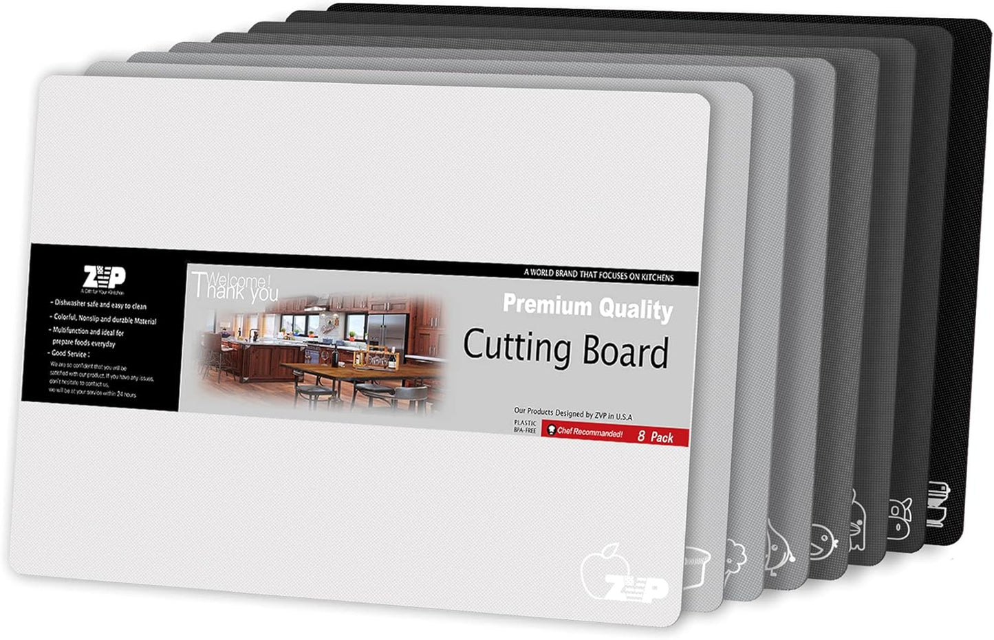 ZVP Plastic Cutting Boards for Kitchen, Flexible Cutting Mats, Gradient Gray Chopping Boards with Food Icon, Non-Slip, Non Porous, BPA Free, Dishwasher Safe
