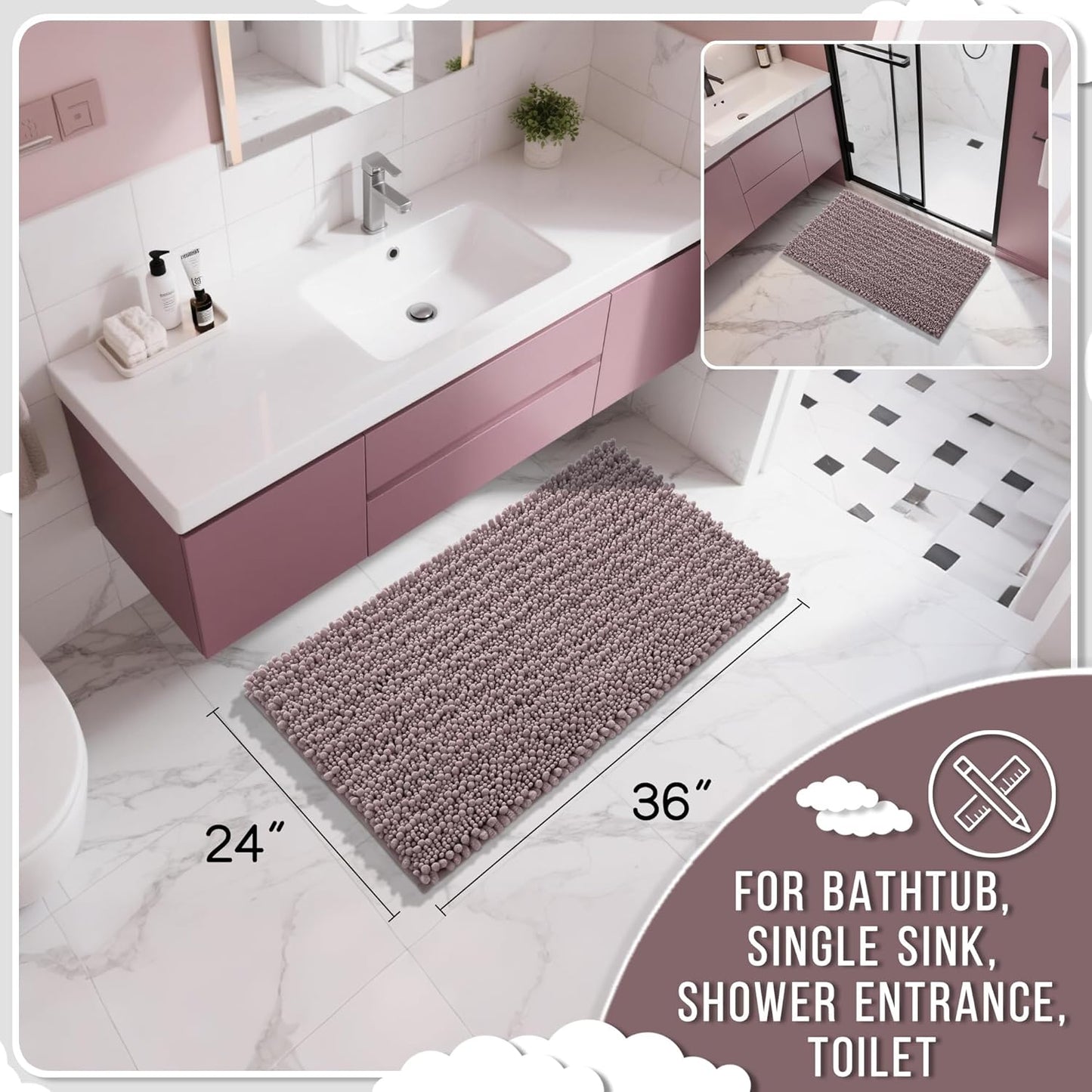 Yimobra Large Bathroom Rugs Non Slip Washable 36x24 Inch - Ultra Soft Absorbent Chenille Bath Mat, Quick Dry Shaggy Floor Carpet for Tub Shower, Mauve Home Decor Accessories