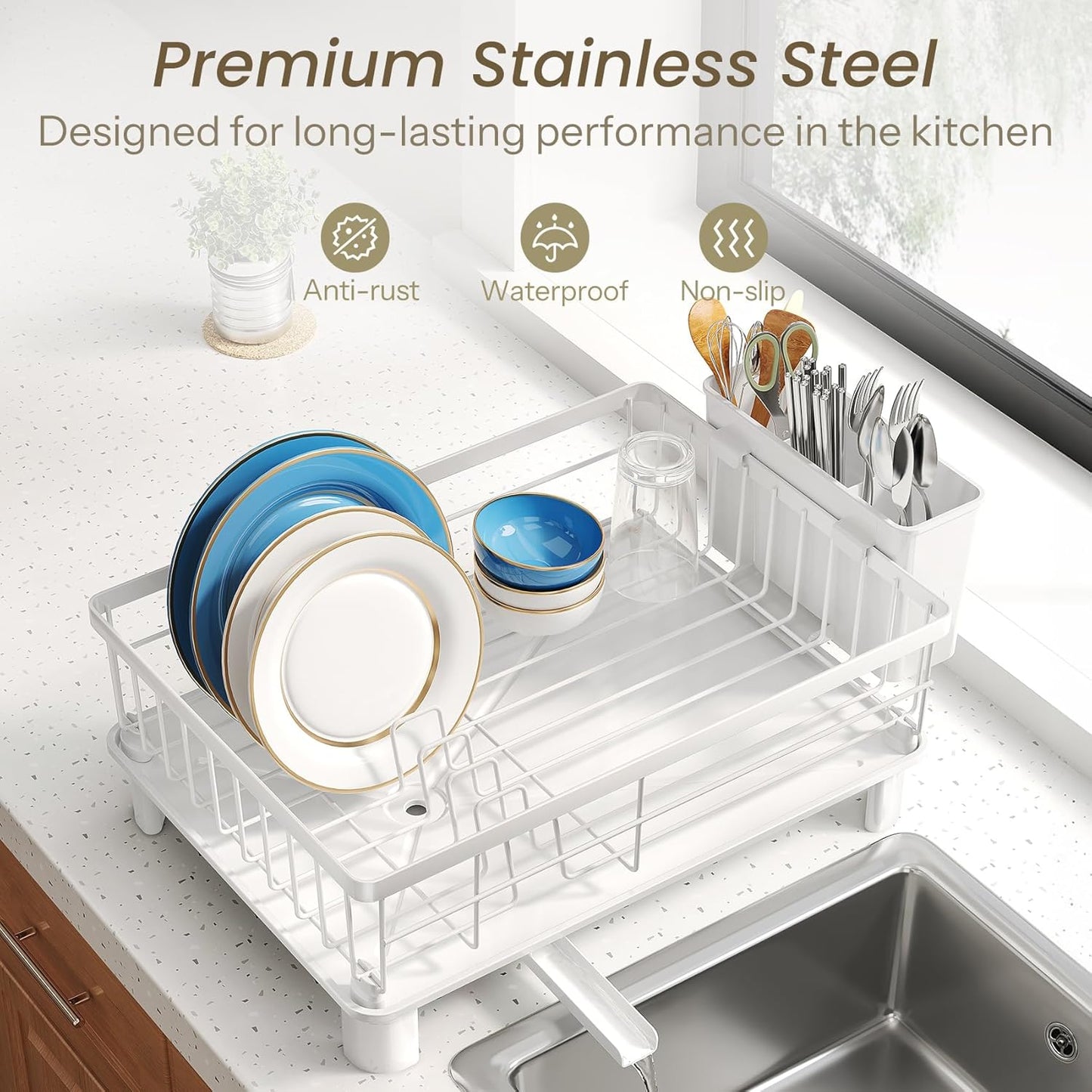 Dish Drying Rack - Small Dish Rack for Kitchen Counter, Stainless Steel Dish Drainer with Utensil Holder and Drainboard (White)