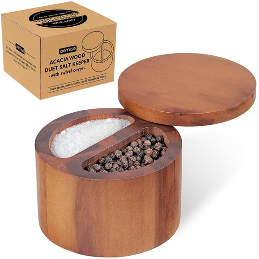 Demigo Duet Salt Cellar, 7.5 Ounces Acacia Salt Keeper Box with Two Compartments Secured by Magnetic & Swivel Lid, Spice Container for Kitchen Countertop Storing Pepper Oregano Powder Cinnamon