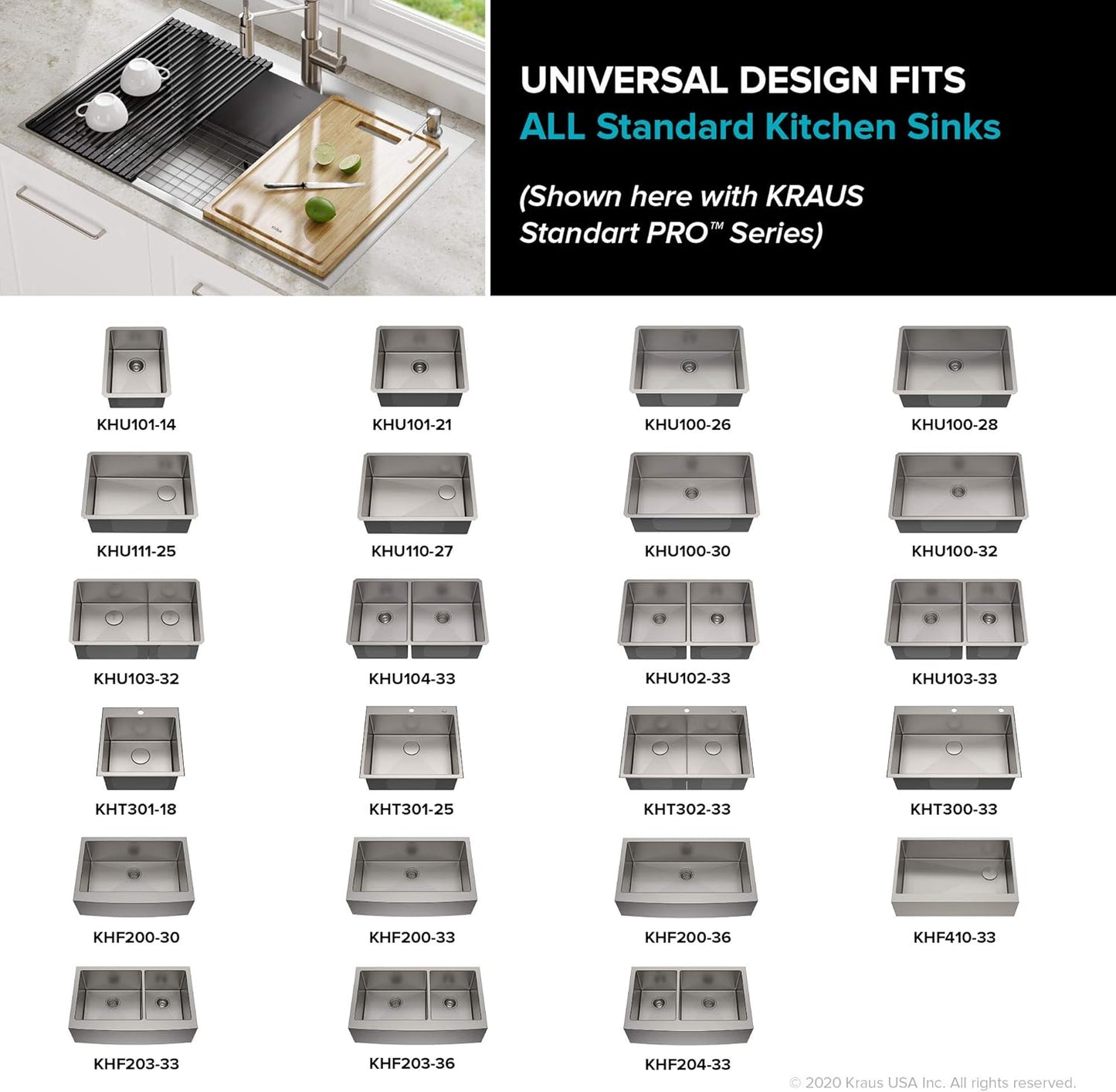 Kraus Multipurpose Over-Sink Roll-Up Dish Drying Rack, Colander and Trivet in Light Grey, KRM-10GREY