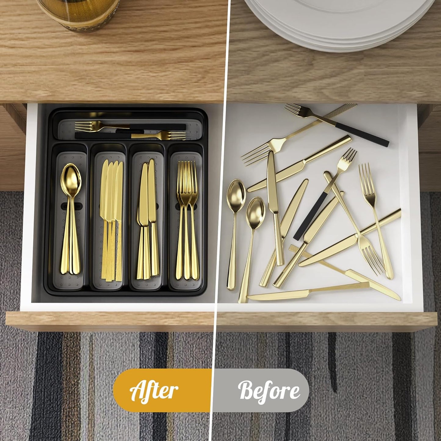 WEBACOO. Silverware Organizer for Kitchen Drawer - Non-Slip Utensil Drawer Organizer - Dishwasher Safe Cutlery Organizer Holds Spoons, Forks with 5 - Compartment