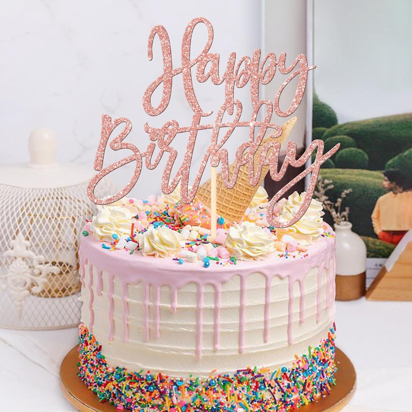 ZHUOWEISM 1 PCS Happy Birthday Cake Topper Glitter Happy Birthday Cake Pick for Celebrating Happy Birthday Anniversary Theme Party Cake Decorations Supplies Rose Gold
