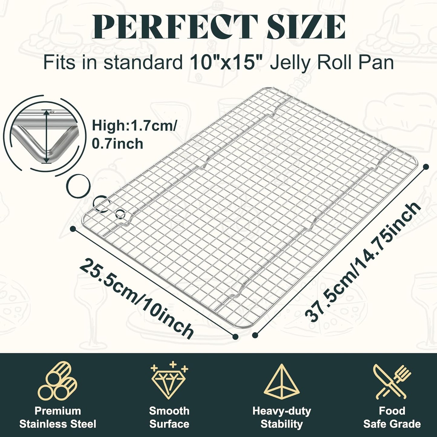 Cooling Racks for Cooking and Baking-10"x14.75" Oven Safe Premium Stainless Steel Heavy Duty Baking Rack Tight-Wire, Fits Jelly Roll Pan Rack for Roasting & Grilling & Cooking-Set of 2