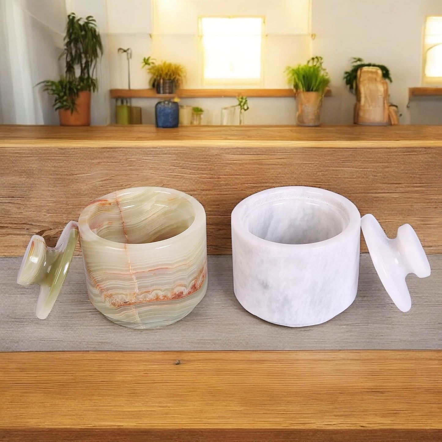 Marble Salt Cellar With Lid- Pack Of 2 Marble Salt And Pepper Bowls- Salt Holder With Lid To Put Salt, Paprika, Pepper, And Spice (Onyx Green & White, Style 01)