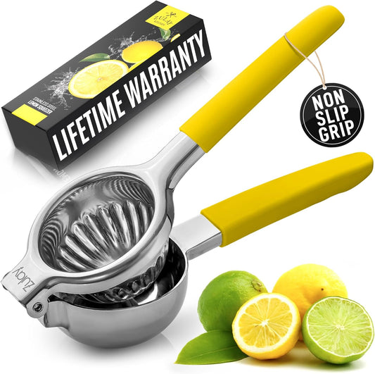 Zulay Lemon Squeezer Stainless Steel with Premium Heavy Duty Solid Metal Squeezer Bowl and Food Grade Silicone Handles - Large Manual Citrus Press Juicer and Lime Squeezer Stainless Steel (Yellow)