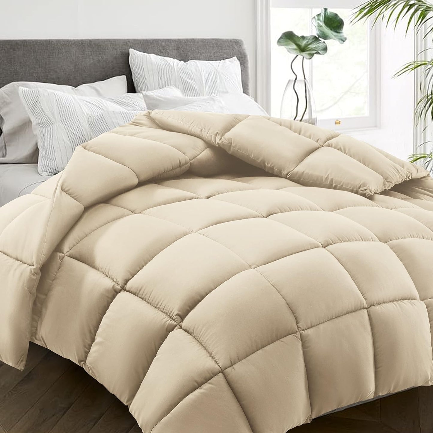 HYLEORY All Season Queen Size Bed Comforter - Cooling Down Alternative Quilted Duvet Insert with Corner Tabs - Winter Warm - Machine Washable - Beige