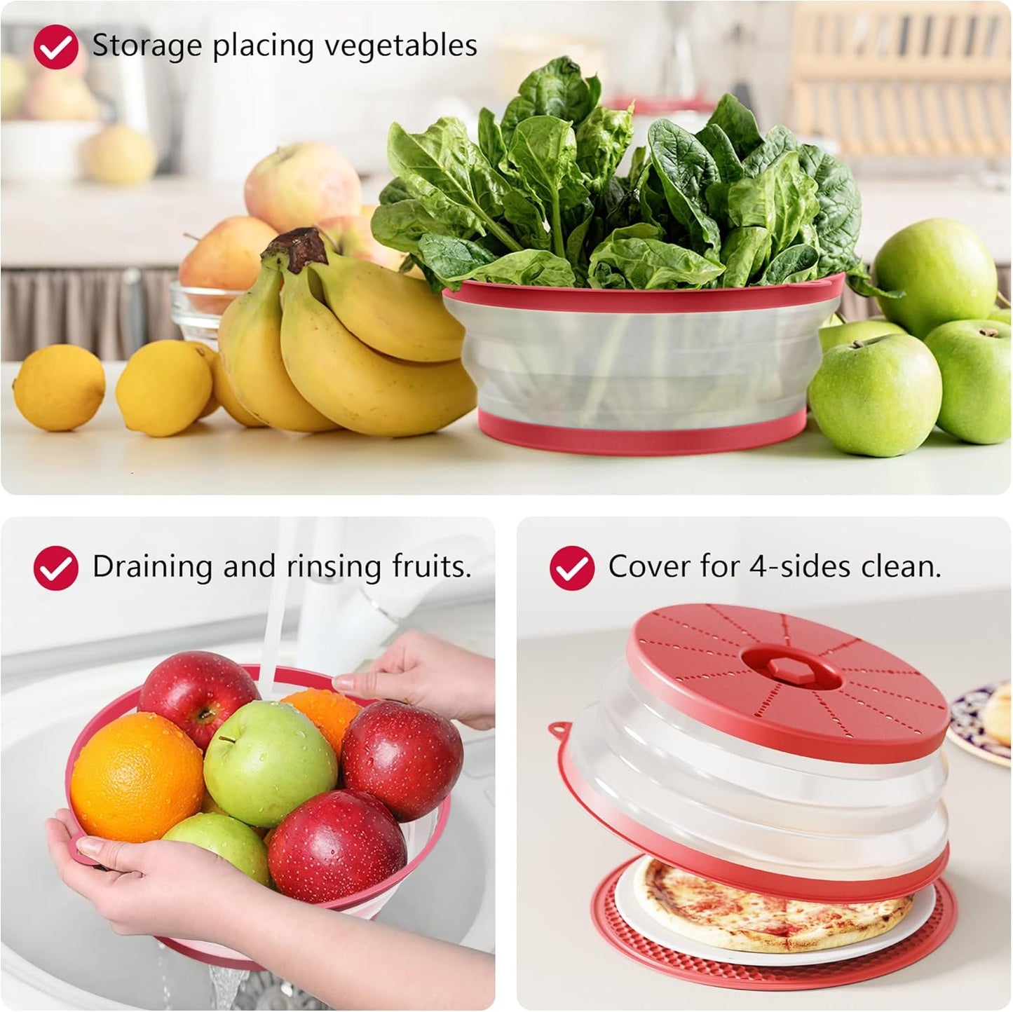 WVM Microwave Splatter Cover & Mat, Vented Collapsible Splatter Guard dish Plate lid & Silicone Round Kitchen Mat for Food, Meal Prep, Red