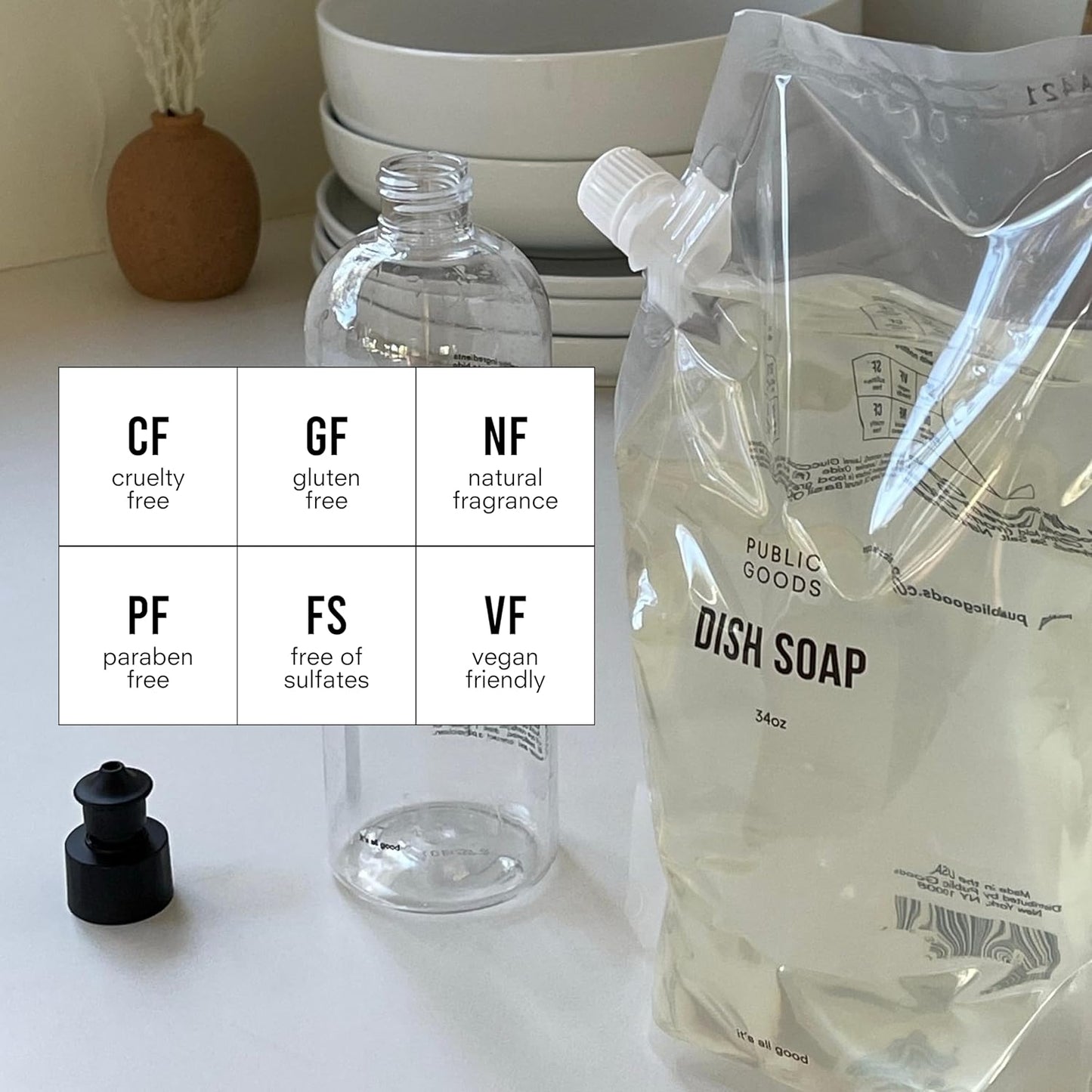 Public Goods Natural Dish Soap | Kitchen Soap | Plant-Based & Vegan Friendly | Clear Dish Detergent Liquid | Concentrated | Made in USA | Mandarin Basil | 34 Fl Oz Refill