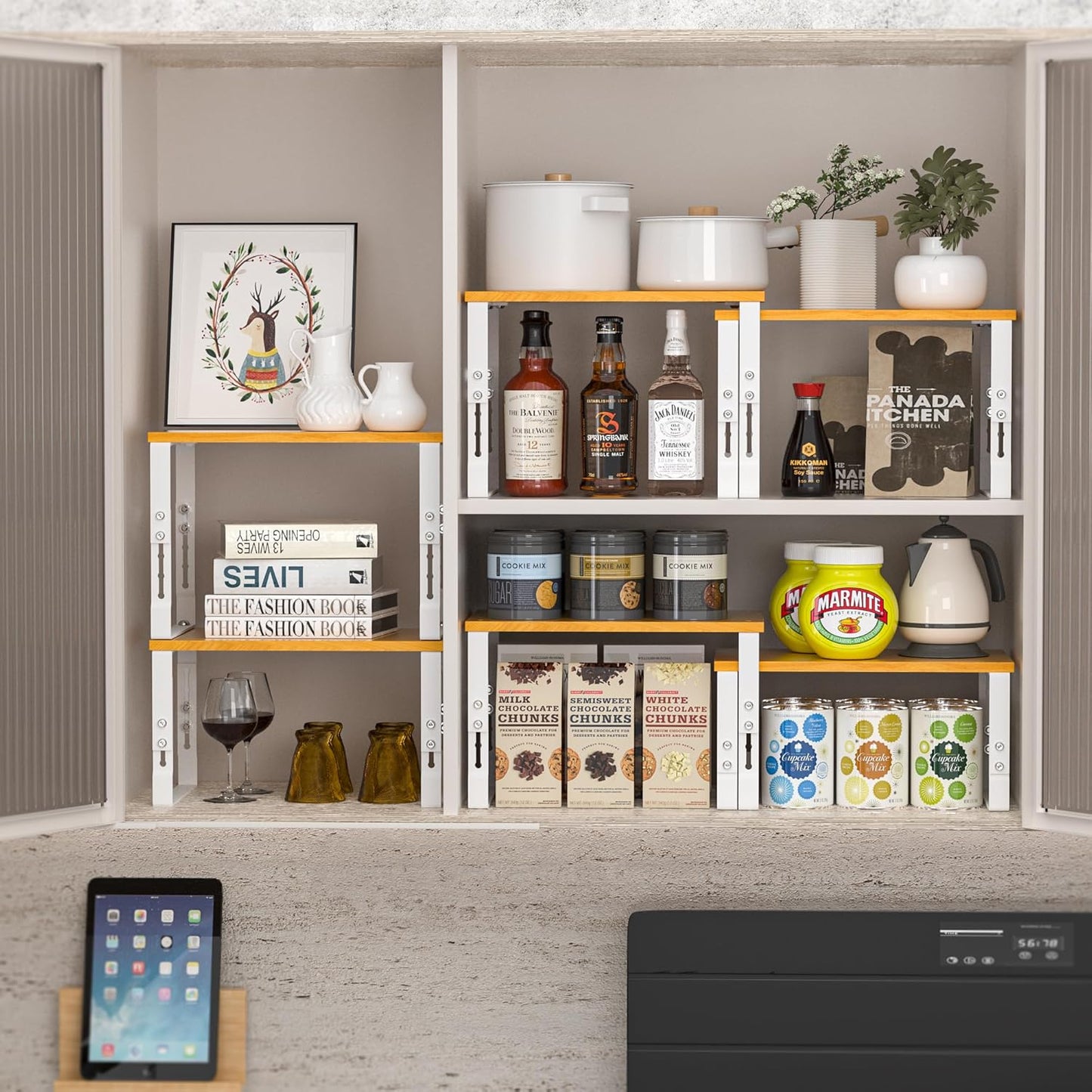 Expandable Kitchen Cabinet Organizer Shelves – Stackable Adjustable Metal and Wood Storage Racks for Countertop, Pantry, Garage Set of 2 Spice Rack – Easy Assembly, Space-Saving(1 Pack/Medium/White)