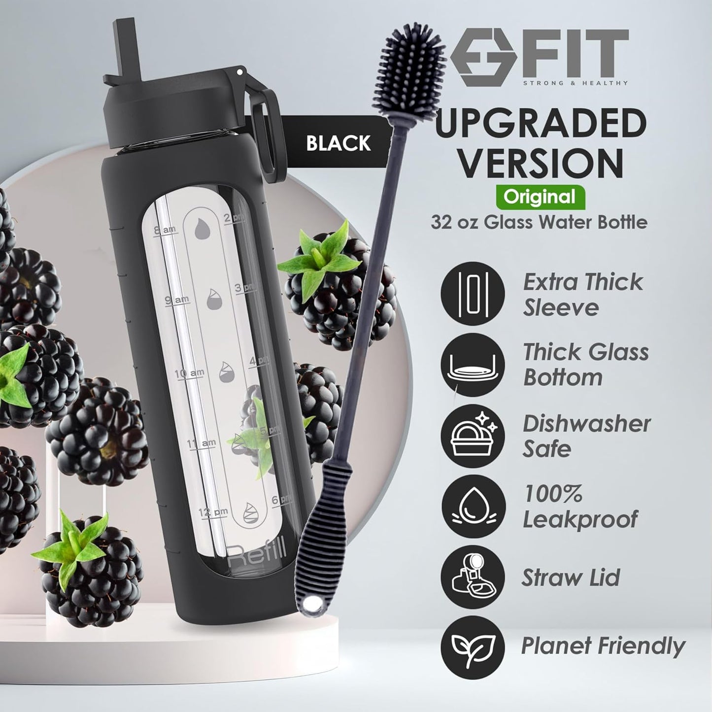 FIT Strong & Healthy 32 oz Glass Water Bottle with Straw Lid, Time Marker, Sleeve & Extra Lid - Motivational, Wide Mouth 1 Liter Glass Drinking Bottle