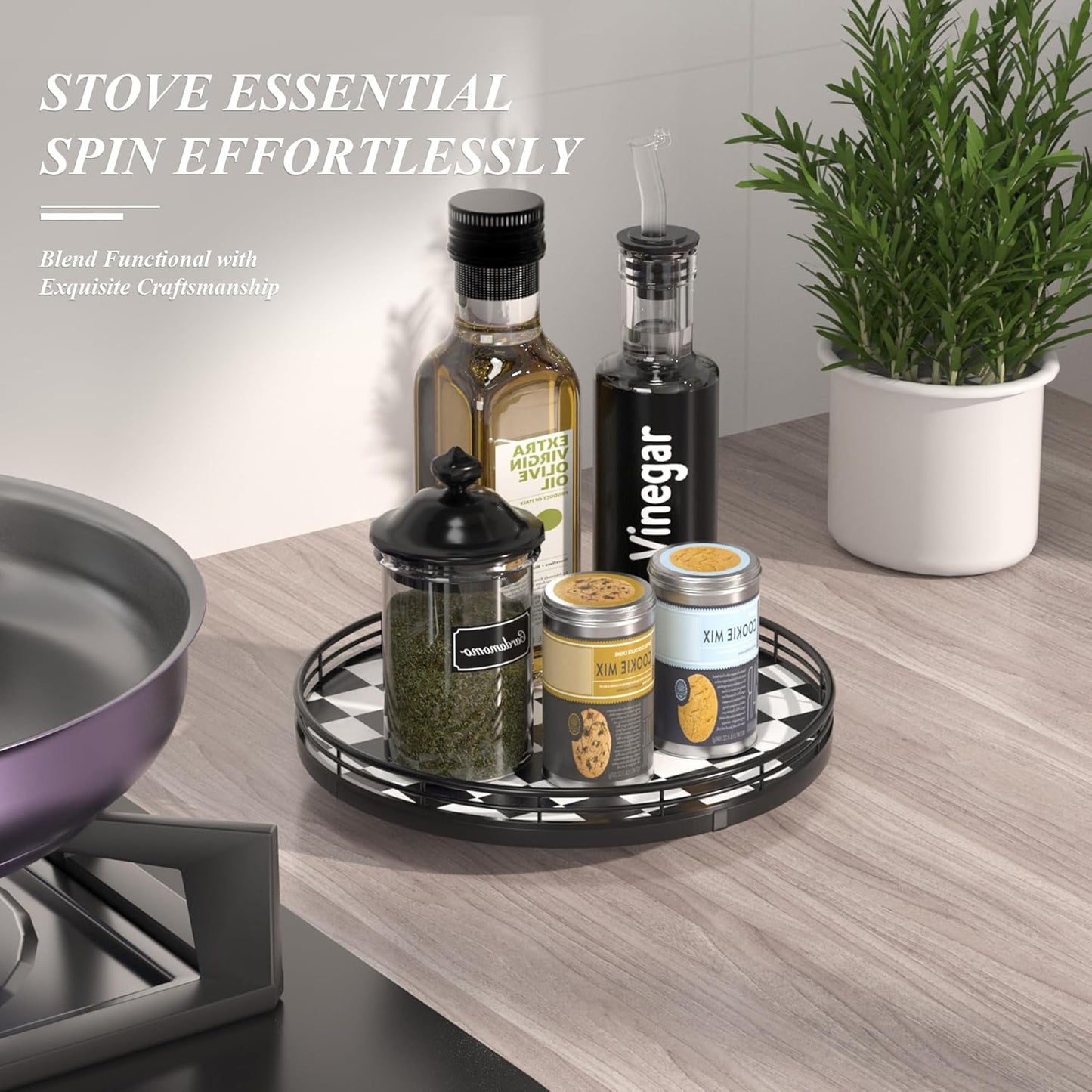 Black and White Kitchen Lazy Susan Turntable – Checkered Round Decorative Tray, 10” Table Top Oak Wood Lazy Susan for Cookies, Dining Table Organizer, Small Kitchen Table Centerpiece