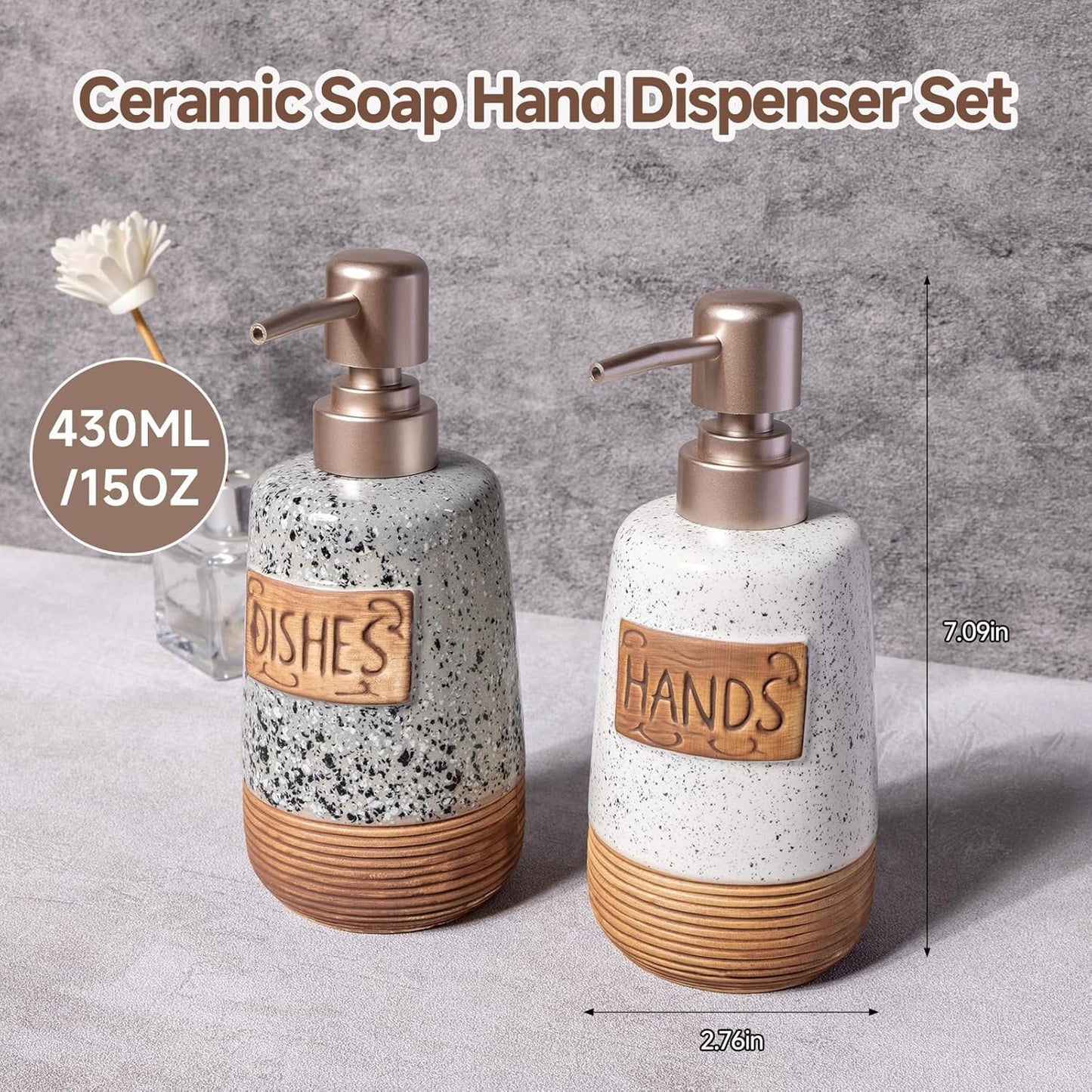 Hand and Dish Soap Dispenser Set, Farmhouse Ceramic Soap Dispenser for Kitchen Sink, 15 OZ Vintage Hand Wash Liquid Dispenser for Bathroom Rustic Boho Modern Kitchen Decor Accessories