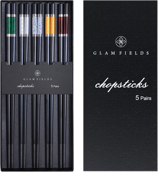 GLAMFIELDS 5 Pairs Premium Chopsticks Reusable Dishwasher Safe 9.5 Inch Fiberglass Chop Sticks Gift Set Non Slip Multi Color