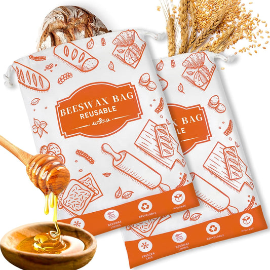 2-Pack Beeswax Bread Bags for Homemade Bread, Orange Reusable Sourdough Storage Bags with Premium Beeswax Coating for Loafs Baguette Fresh Keeping,Great Homesteading Essentials and Baking Gifts.
