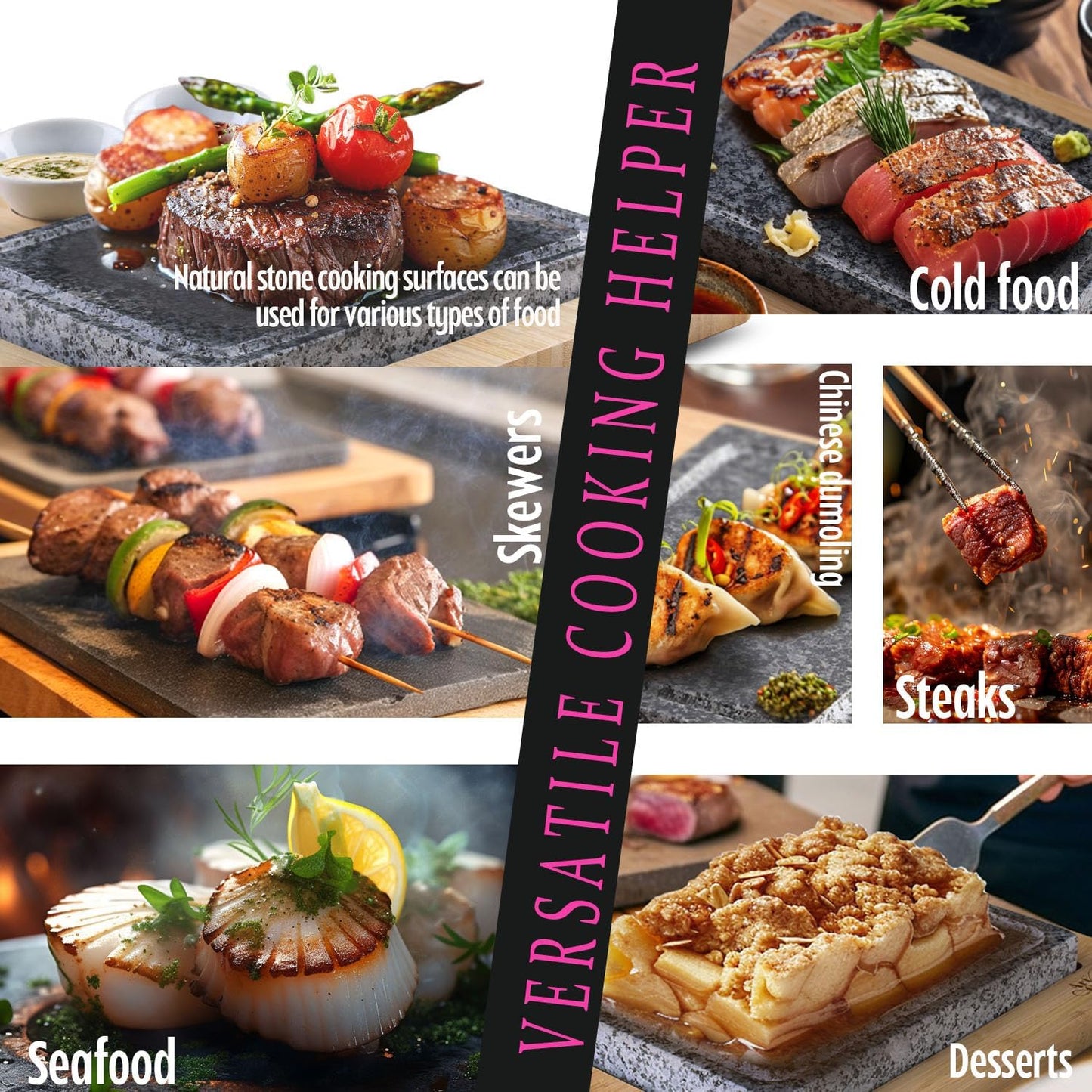 Artestia Professional Steak Stone Grill Set - 2pcs Natural Granite Cooking Stones for Indoor & Outdoor BBQ Hibachi - Heat-Resistant Stones (2 Granite Stone+1 Bamboo Tray+3 Sauce Bowls)