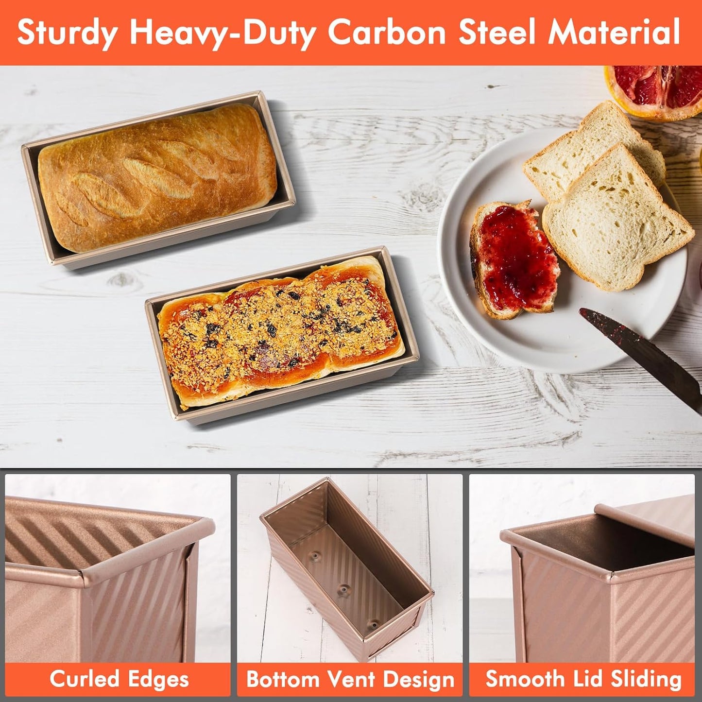 Beasea Pullman Loaf Pan with Lid, 2 Pack 0.5 lb Small Non-Stick Bread Loaf Pans Carbon Steel Mini Bread Toast Box for Homemade Bread Toast Oven Baking - Gold