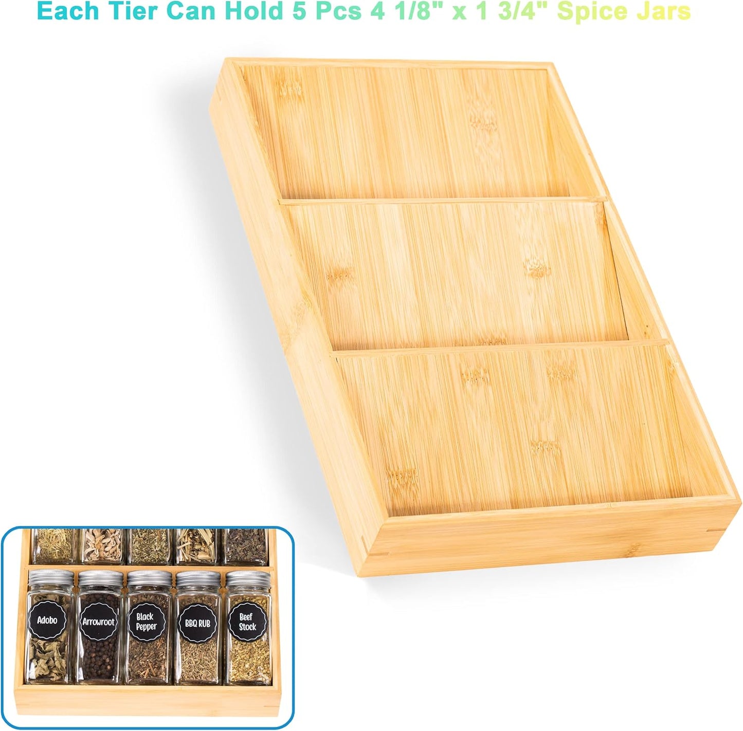 Bamboo Spice Rack Organizer for Drawer 3 Tier Bamboo Spice Tray Cabinet for Kitchen Storage and Organizer (Pre-Measure Your Drawer)(1 Pack, Drawer)