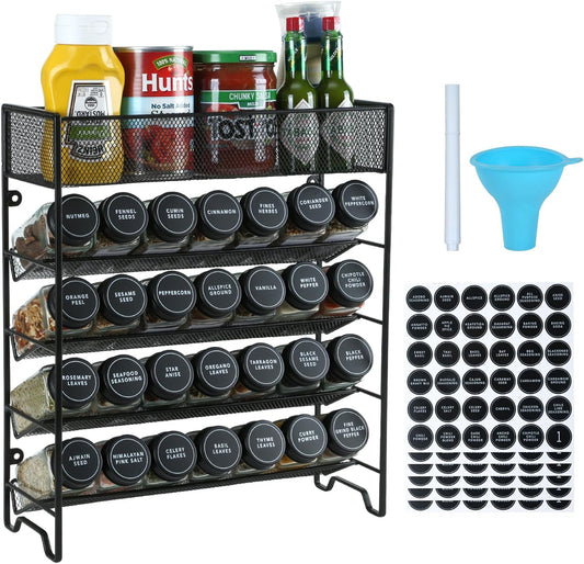 Spice Rack Organizer with 28 Spice Jars, Black Lids，Spice Labels, Chalk pen and Funnel Set for Cabinet, Countertop, Pantry, Cupboard or Wall Mount