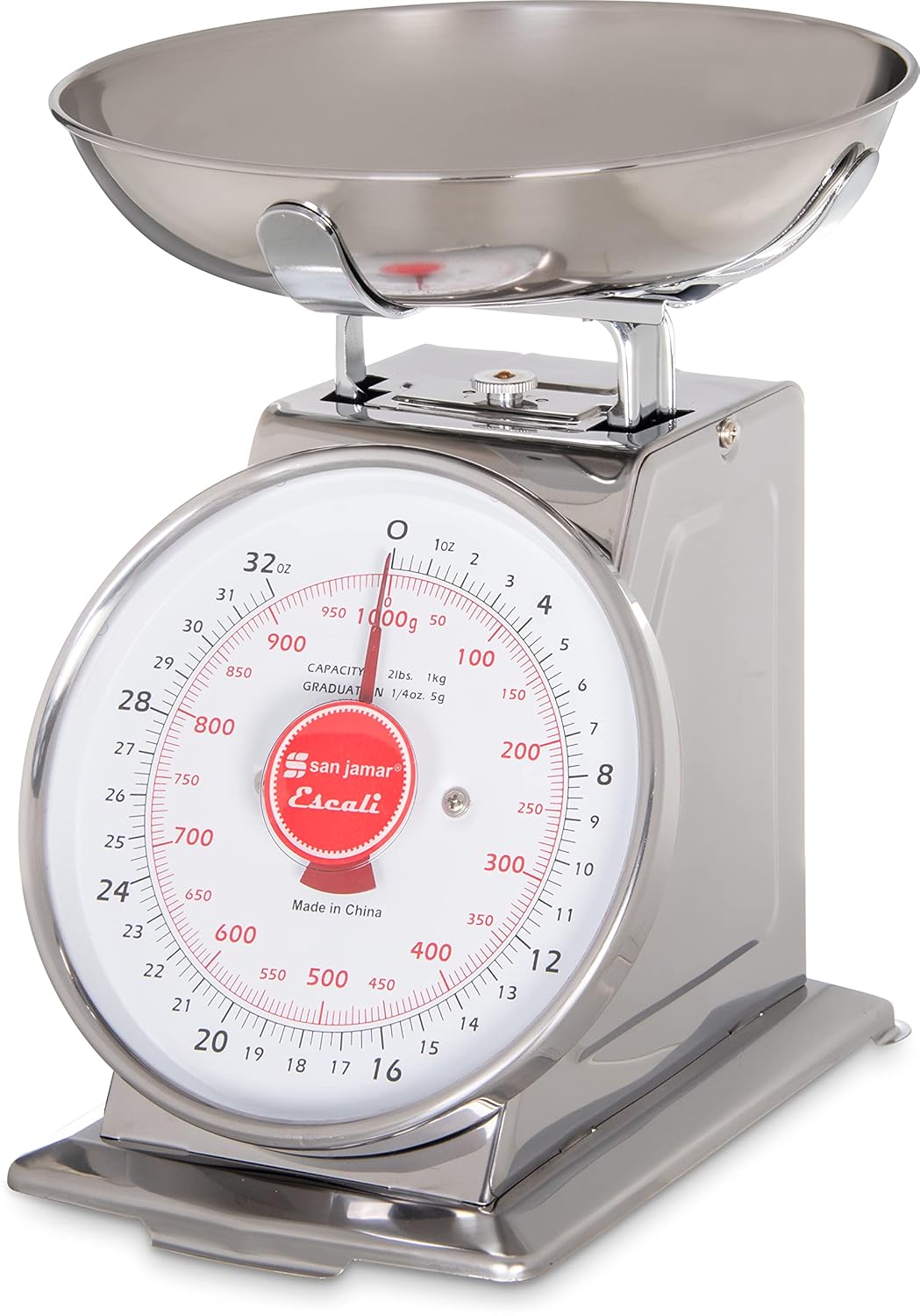 San Jamar Escali Promzr Mechanical Dial Scale with Bowl for Kitchens and Restaurants, Metal, 2 Pounds, Silver