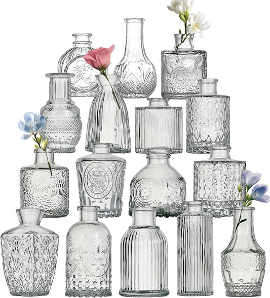 Glass Bud Vase Set of 16 Pcs Small Minimalist Vases for Flowers, Vintage Rustic Home Decor for Table Centerpiece Wedding Party, Modern Clear Aromatherapy Bottle for Living Room Bedroom