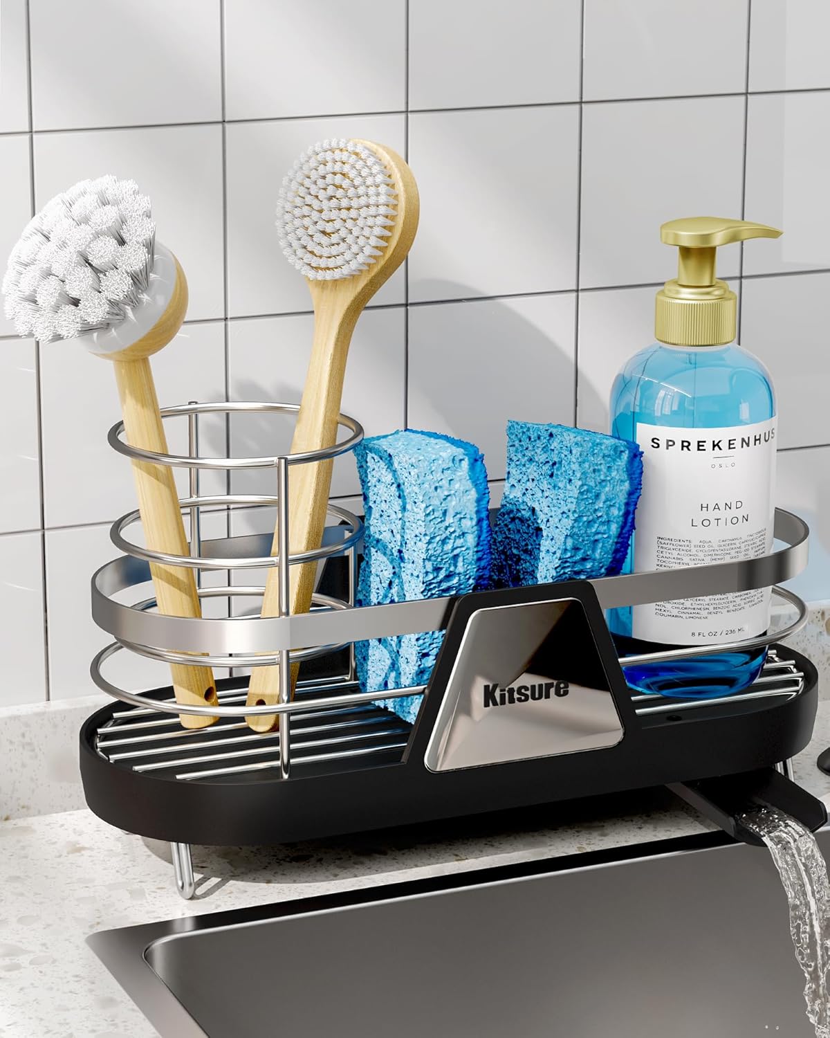 Kitsure Sponge Holder for Kitchen Sink - Space-Saving Kitchen Sink Caddy, Rustproof Metal Organizer with Removable Brush Holder, 9.8"×3.9"×4.7", Black