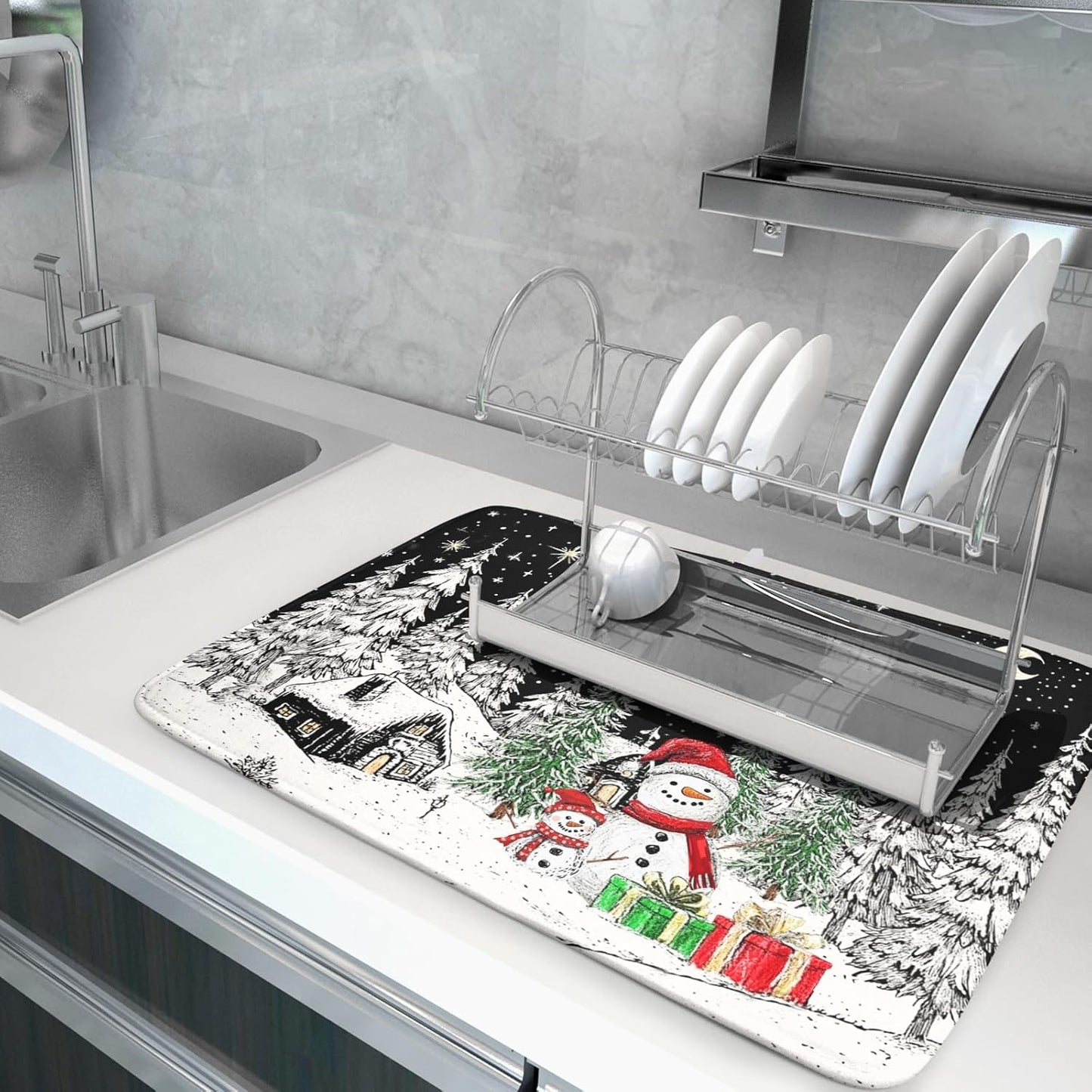 Winter Snowman Dish Drying Mat 24 X 18 in Black Microfiber Dish Pad Absorbent Holiday Kitchen Accessories