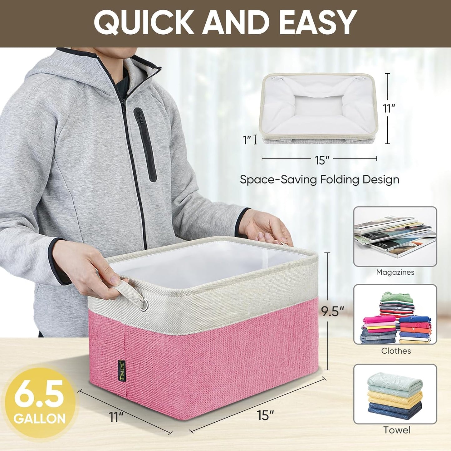 BALEINE 1 Pack Fabric Storage Bins for Shelves, Linen Storage Baskets for Organizing, Decorative Closet Bins for Clothes, Home (Pink, 15''x11''x9.5'')