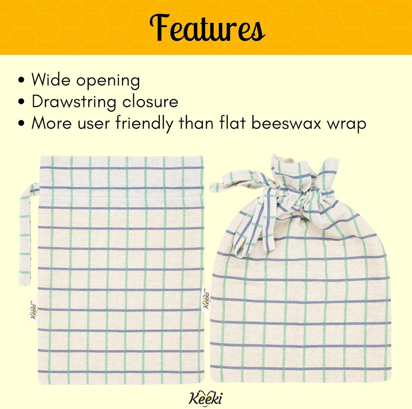 Keeki Bag - The Original Beeswax Lined Bread Bag for Homemade & Sourdough | Reusable Linen Bread Storage | Beeswax Wrap Alternative | Plastic-Free Storage w/Wide Drawstring Closure (Yellow)
